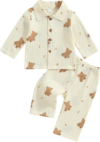 Qiylii Toddler Baby Girl Cotton Linen Button-up Pajamas Bear Print Long Sleeve Kid Sleepwear PJs Set