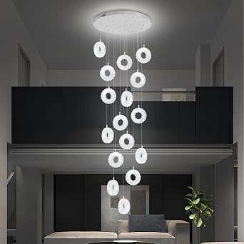 Modern LED Ring Drop Chandelier for High Ceiling Long Spiral Stair Crystal Chandelier 16 Ring Silver