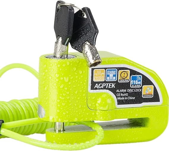 Motorbike Disc Lock with Alarm, AGPTEK 110db Motorcycle Disc Brake Lock with 5FT Reminder Cable Anti-Theft Bike Security Padlock with Carrying Bag for Autocycles Bikes Scooters, Green | With 5FT Reminder Cable Anti-Theft Bike Security Padlock with Carrying Bag for Autocycles Bikes Scooters, Green