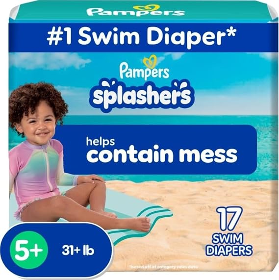 Pampers Splashers Swim Diapers, Size 5, 17 Count, Disposable Swim Diapers, Contains Mess, No Swell