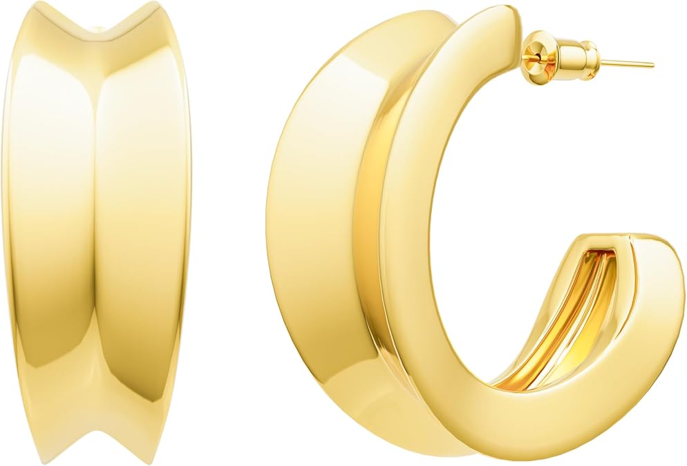 Moodear Chunky Hoop Earrings for Women 14k Gold Plated Thick Open Hoop Earrings Hypoallergenic Trendy Dainty Earrings for Women