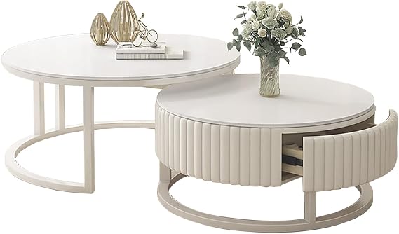 White Round Coffee Table Set of 2 Modern High Gloss Sofa Table Side Table for Living Room 50 + 70 cm Nested Round Coffee Table Living Room Table Coffee Table Nesting Tables for Bedroom