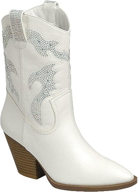Forever Link Women Cowgirl Boots Cowboy Ankle Boots, Low Chunky Heel Pull On Western Stitched Boots, Black