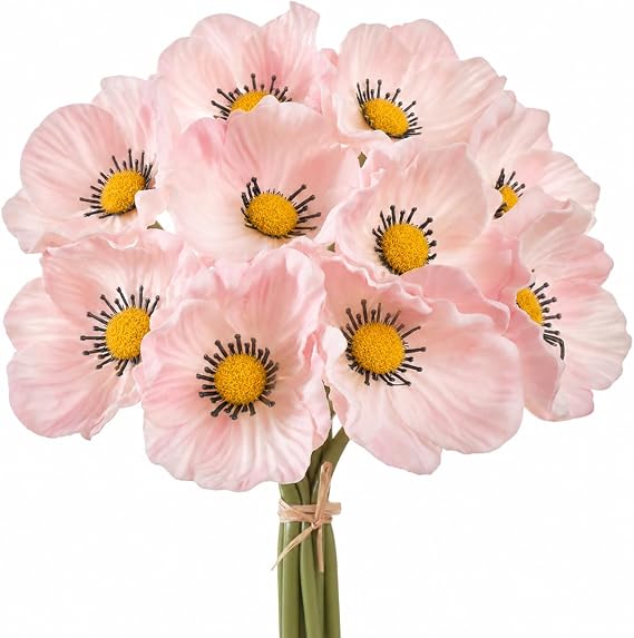 WELL KNOWN 10 pcs Blush Pink Poppy Artificial Flower, Real Touch Fake Flowers with Stems for Memorial Day Veterans Independence Day Floral Arrangement Graduation Home Wedding Bouquets Corsages Decor