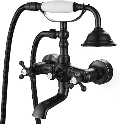 Airuida Wall Mount Bathtub Faucet with Telephone Handheld Sprayer, Double Hot and Cold Mixer, Cross Handles,Vintage Victorian Style Tub Filler Set Oil Rubbed Bronze