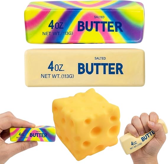 Butter Squishy, 3 Pcs Toys for Stress Relief, Slow Rising Squishies for Desk and Travel Anxiety Management, Set of with Camouflage Butter and Yellow Cheese Designs