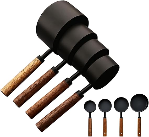 4-piece Black Stainless Steel Measuring Cups Kitchen Gadgets for Cooking Baking, BRIIEC Wooden Handle Stackable Nesting Measuring Cup Set Dishwasher Safe