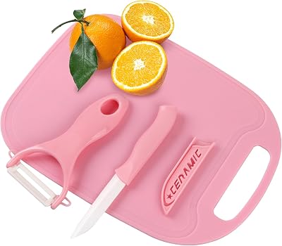 Travel Kitchen 3 in1 Little Set, XOOBIU Ceramic Peeler, Ceramic Fruit Knife, Cutting Board, for Small Kitchen Spaces,Travel, Picnic, Camping pink