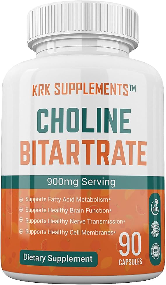 KRK Supplements Choline Bitartrate 900mg, Brain and Focus, 90 Capsules