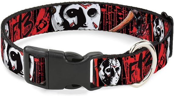 Dog Collar Plastic Clip Friday The 13th Jason Mask4 Axe Blood Splatter Black Red 16 to 23 Inches 1.5 Inch Wide