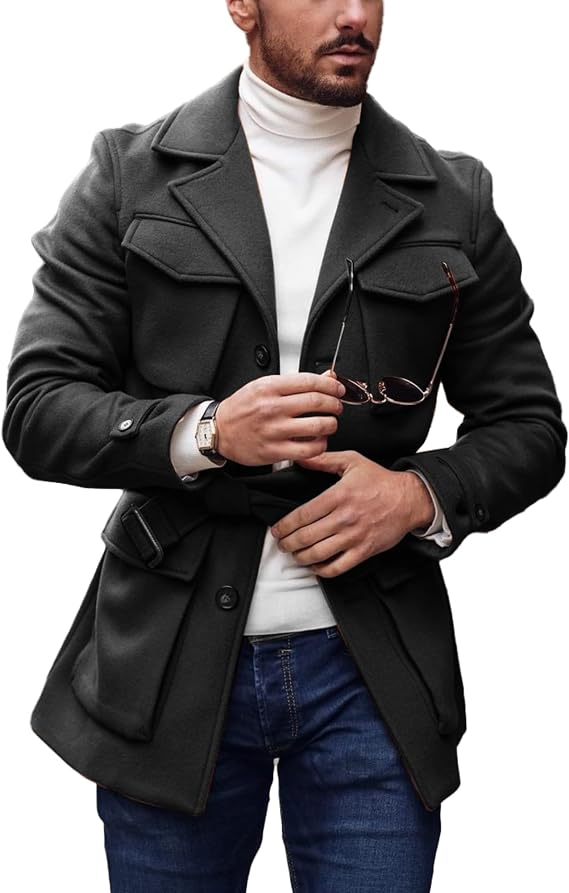 Pretifeel Mens Trench Coat Slim Fit Overcoat Fall Winter Peacoat Jacket