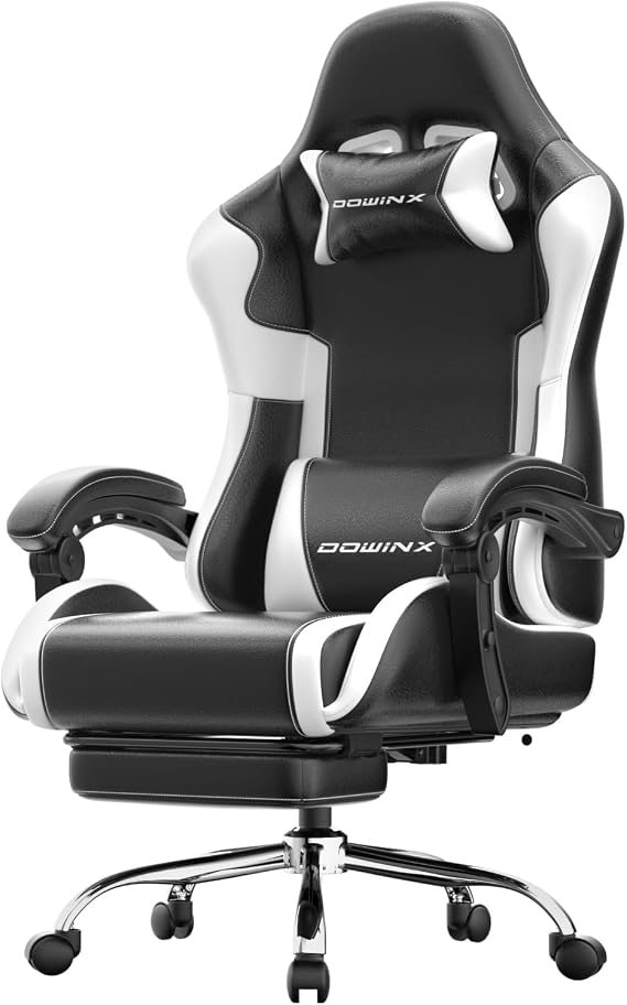 Dowinx Gaming Chair with Footrest, 330lbs Computer Chair 2D Lift Linkage Armrest, Massage Lumbar, Height Adjustable Ergonomic Comfy Video Game Chairs for Home Office Streaming, Long Gaming, White