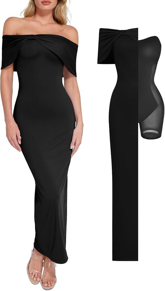 Popilush Off The Shoulder Maxi Dress Wedding Guest Formal Dresses for Women Sleeveless Bodycon Long Shapewear Prom