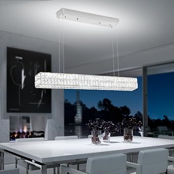 Dimmable Led Ring Chandelier for Dining Room, Modern Rectangle Crystal Pendant Lighting Kitchen Island,40in Linear Chandelier Hanging Light Over Table