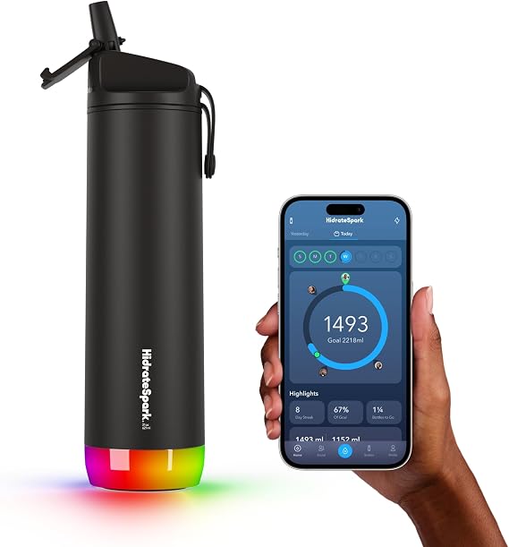 Hidrate Spark Steel Smart Water Bottle - Track Your Hydration & Light Reminder for Hydration, Straw Type, 620ml/21oz, Black