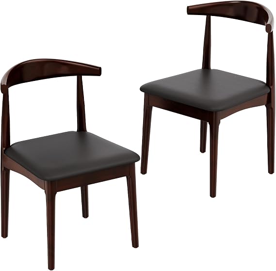 Solid Wood Dining Chairs Set of 2, Mid Century Modern Kitchen Chairs with Leather Upholstered Seat, Elegant Walnut-Colored Side Chairs for Dining Room, Kitchens,Restaurants, Cafes