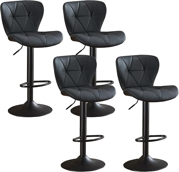 Bar Stools Set of 4, Adjustable Swivel Counter Height Bar Stools, Faux Leather Kitchen Island Chairs, Upholstered BarStools with High Backrest, Black
