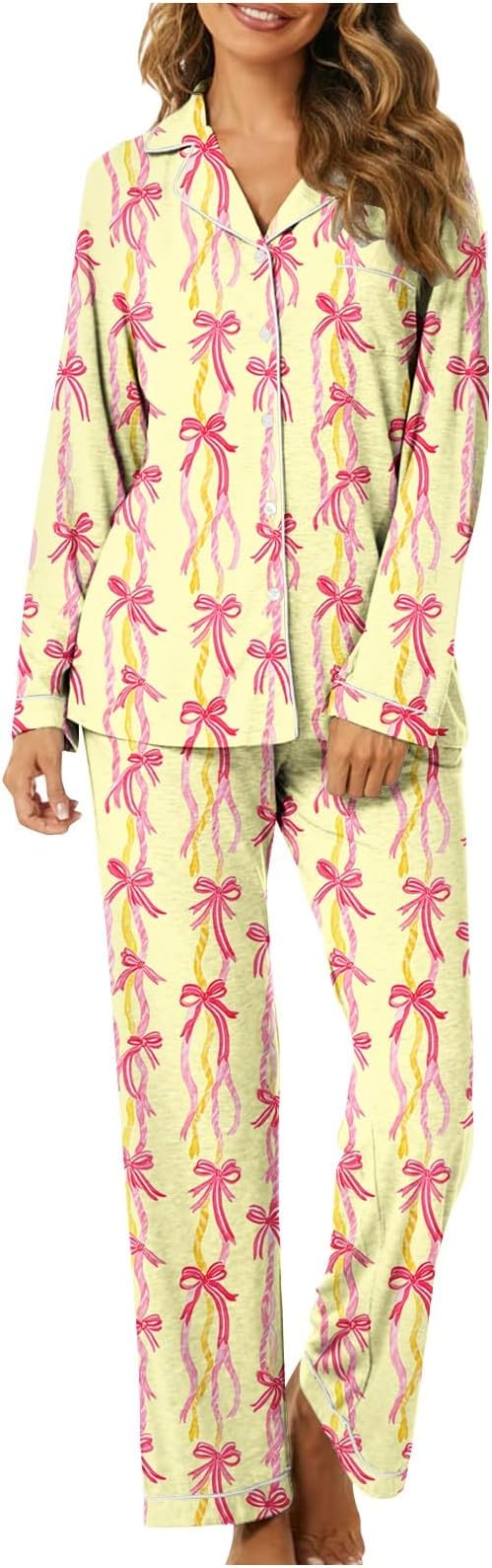 NSICBMNO Button Up Pyjamas For women Long Sleeve Shirt Lounge Pants Bow Tie Pyjamas Soft Ladies Pjs With Pockets 2 Piece Outfits Loungewear Set Cosy Set Sleepwear Gifts For Her
