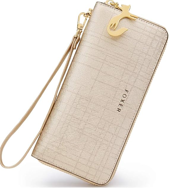 FOXER Women Leather Wallet Bifold Wallet Clutch Wallet with Wristlet (Gold)