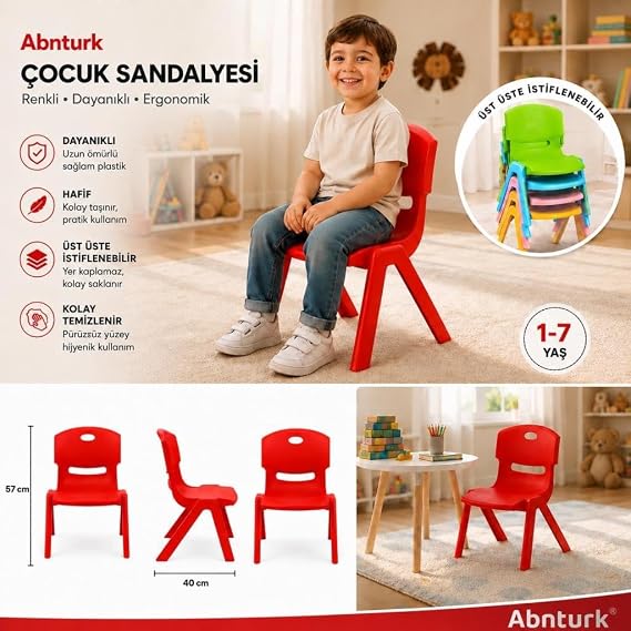 Kırılmaz Sert Plastik Kırmızı Çocuk Sandalyesi-Ev Kreş Anaokulu Aktivite Etkinlik Sandalyesi