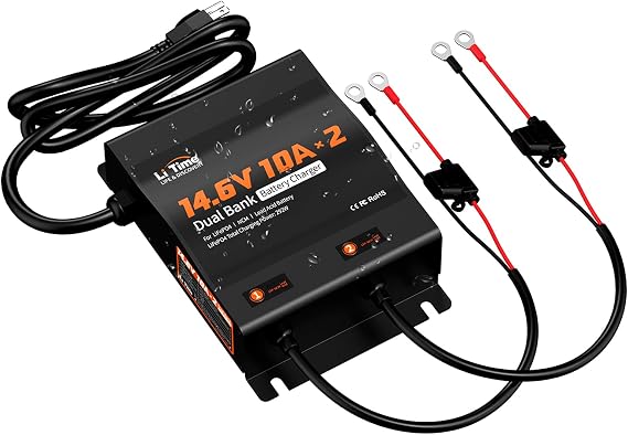 LiTime 2-Bank 10A (10A/Bank) Dual Smart Battery Charger, 14.6V LiFePO4 Battery Charger AC-DC Charger with Fuse, LED Indicator for RV, Boat, Motorcycle, Lawn Mower, Trolling motor and Lead Acid Battery