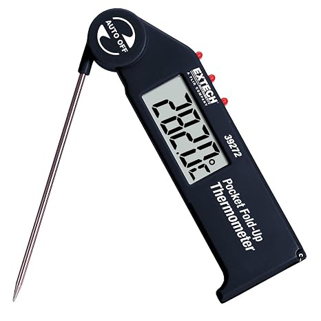 Extech 39272 Pocket Fold up Thermometer with Adjustable Probe | 4.5in stainless probe, detents 45-180deg, 0.1deg resolution, data hold, min/max, AAA battery