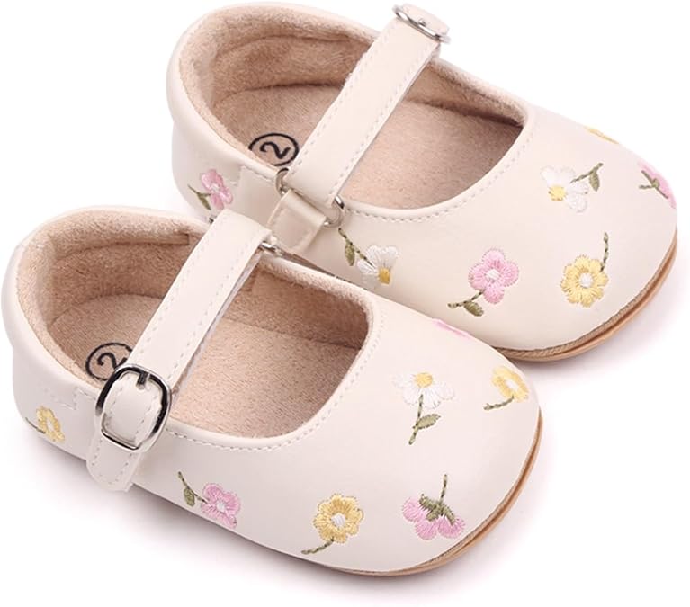 Baby Girls Mary Jane Flats Floral Princess Dress Crib Soft Sole Baby Shoes Infant First Walking Shoes