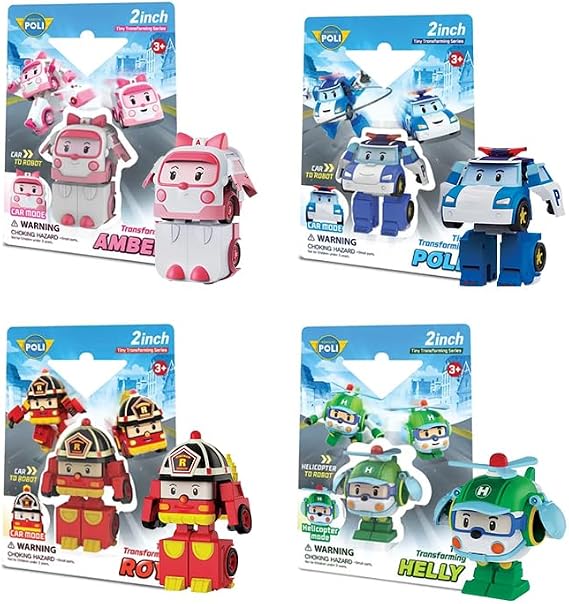 Officially licensed Robo Carpoly, 2-inch Transforming Robots, Set of 4 Poly, Roy, Helly & Amber, 2-inch Transformation Robots for Kids, Educational Toy, Gift, Birthday, Kindergarten, Graduation
