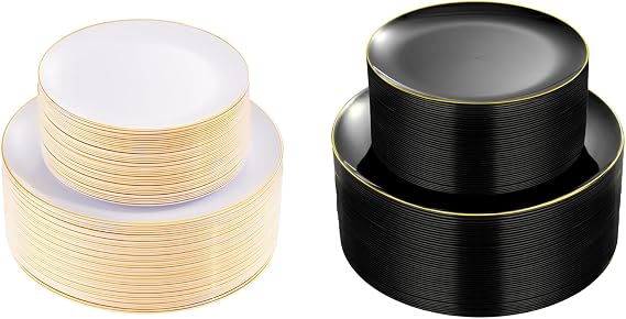 KIRE 100PCS Gold Plastic Plates White Disposable Plates with Gold Rim for Party/Wedding 100PCS Black and Gold Plastic Plates