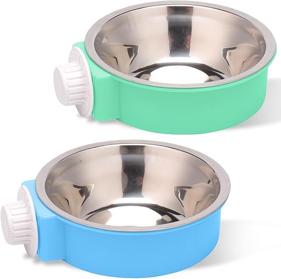 Stainless Steel Dog Bowls 2-in-1 Hanging Pet Crate Bowls with Removable Plastic Cover, Rustproof Cage Food and Water Bowl for Puppy Cat Small Animals (2 Pack)