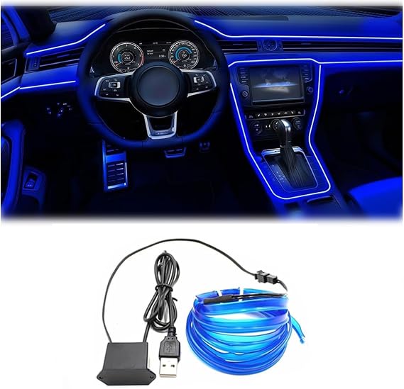 EL Wire Interior Car LED Lights, 16.5FT USB Ambient Lighting Strip, Blue