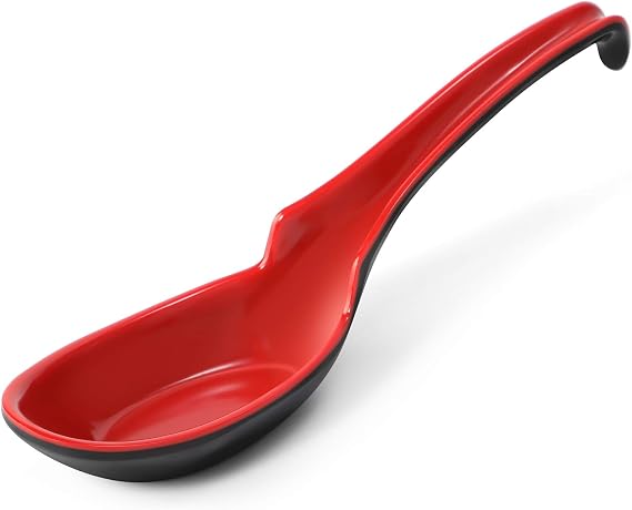 12 PACK Asian Soup Spoons, Rice Spoons, Melamine Chinese Won Ton Soup Spoon For soba, pho, ramen, Noodle, Korean Style Large Spoon with Long Handle- Notch and Hook Style, Red & Black