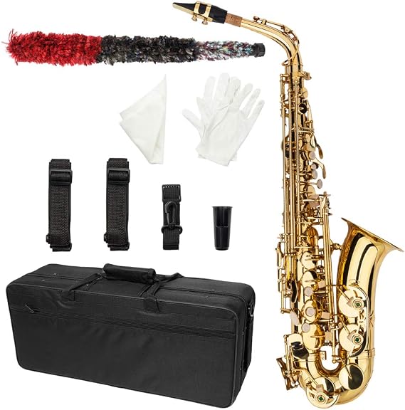 Alto Eb E-flat Saxophone Gold Lacquer SAX Beginners Kit with Case, Mouthpieces,Gloves,Aglet,Cleaning Cloth,Reed (Style 1)