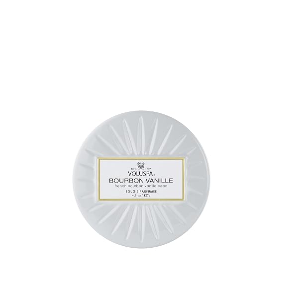 Voluspa Bourbon Vanille, Mini Tin Candle, 4 oz, 25 Hour Burn Time, Coconut Wax for Clean Burning, Handcrafted in the USA