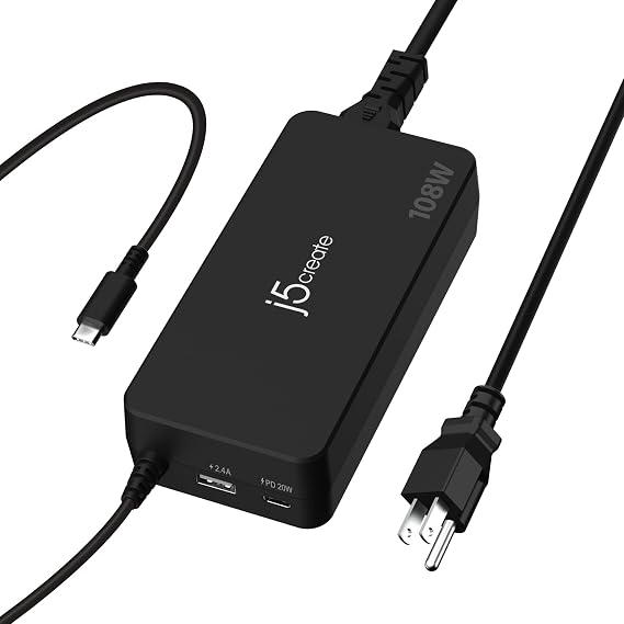 j5create 108W USB Type C PD Laptop Super Charger | For Laptops, Tablets, Macbooks, Android, iPhone, iPad Pro, Smart Phone (JUP34108)