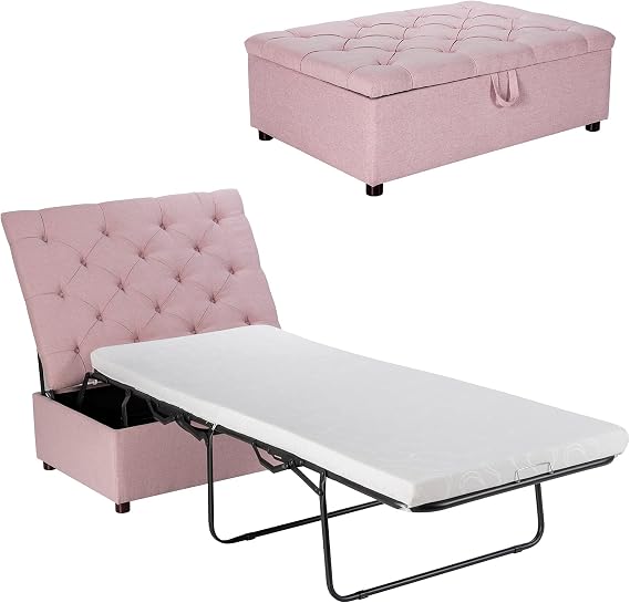 Giantex Ottoman Folding Bed, Fold Out Sleeper Bed with Mattress, Convertible Chair into Sofa Beds, Couch Sleeper w/Steel Frame, Dual Use Guest Lounge Beds, Living Room Bedroom Office(Pink)