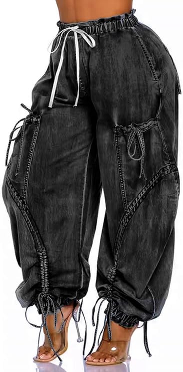 Molisry Women's Drawstring Wide Leg Jeans Harem Baggy Denim Pants