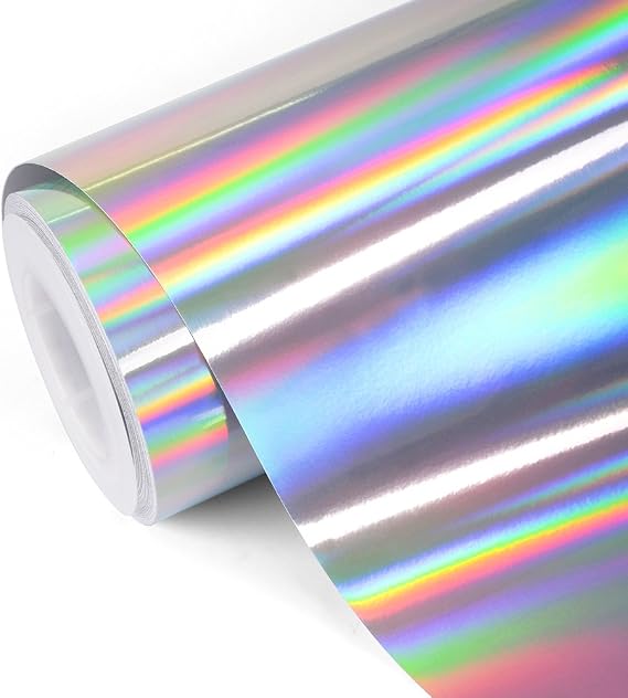 TECKWRAP Glossy Rainbow Holographic Silver Chrome Vinyl Bubble Free Permanent Vinyl 1ftx5ft