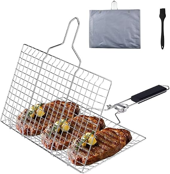 Fish Grilling Basket, Stainless Steel BBQ Grill Basket, Removable Handle