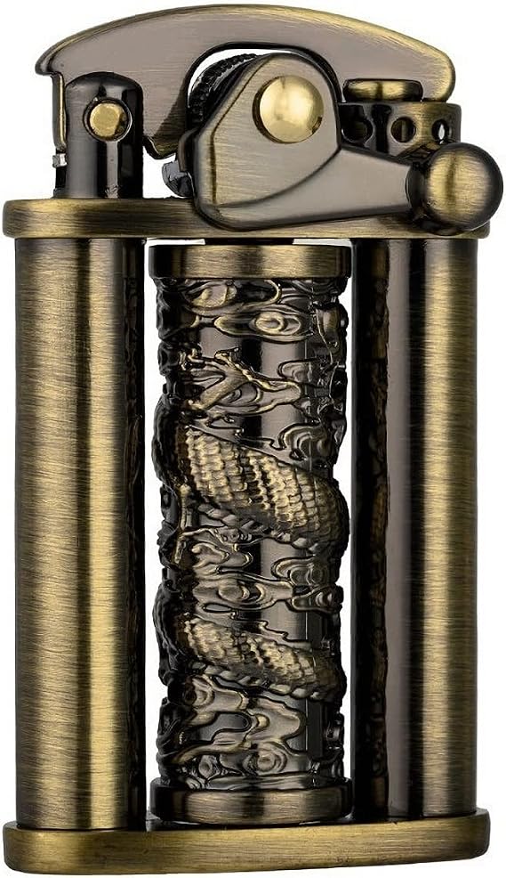 3D Carving Vintage Trench Lighter, Spinning Dragon Column Decompression Lighter, Unique Antique Kerosene Lighters for Man (Bronzey)