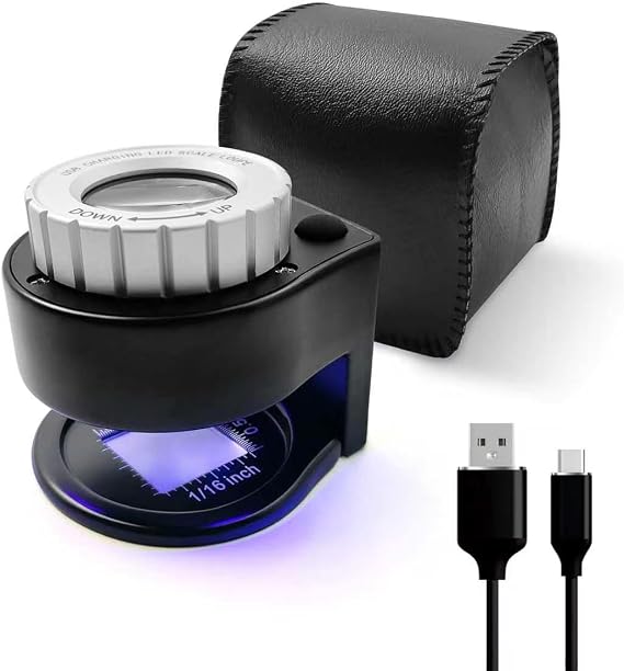 30X Loupe Magnifier Jewelers Loupe Rechargeable with UV/LED Lights, Desktop Metal Loupe Portable Coin Magnifying Glass with inches/mm Dual Scales for Sewing, Textiles, Gems, Stamps, Currency, Rocks
