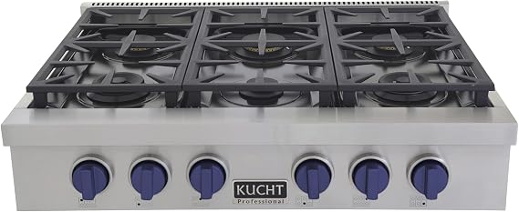 KUCHT Professional 36 in. Natural Gas Range Top with Sealed Burners in Stainless Steel with Royal Blue Knobs