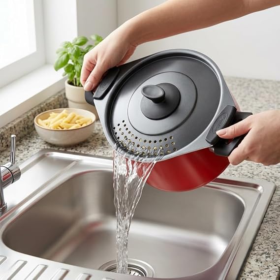 Papilla Redio Akıllı Makarna ve Mantı Tenceresi - Kendinden Süzgeçli Kapaklı, Yanmaz Yapışmaz Kırmızı Derin Tencere, 20 cm, 4 Litre Kapasiteli