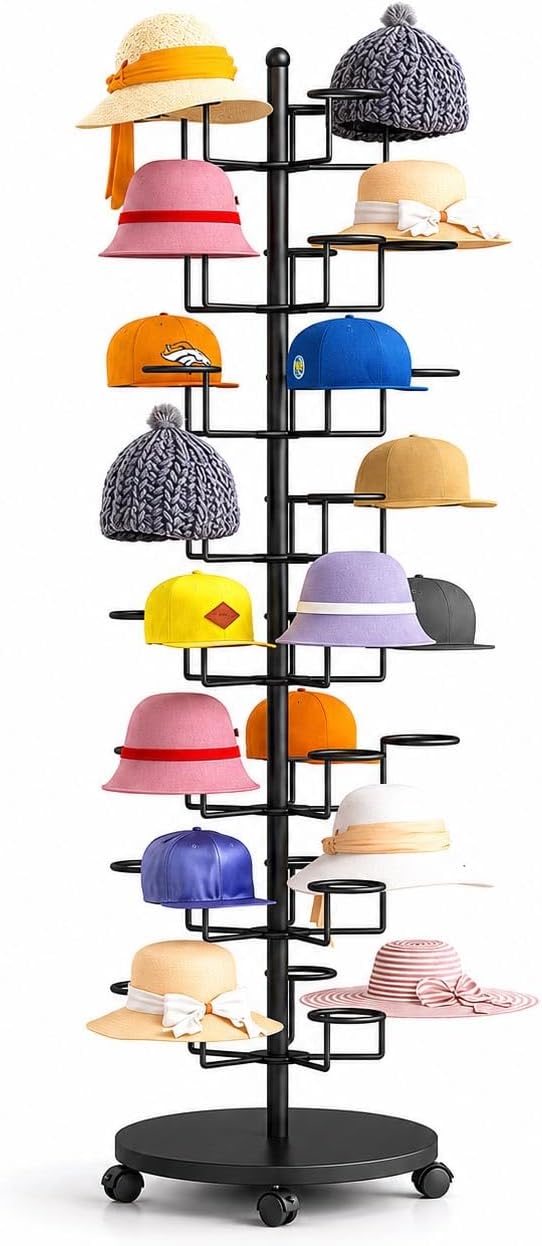 8 Tier Hat Rack with 40 Hooks for Hanging Hats or Wigs | Freestanding Hat Rack Stand, Metal Hat Organizer Rack, Rolling Retail Hat Display Rack for Home/ Store (Black,8 Tier)