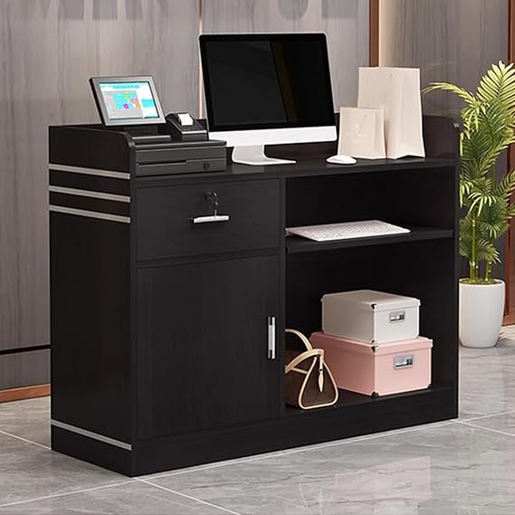 Reception Desk Counter Modern Retail Counter, Front Desk Reception Counter with Lockable Drawer & Door Cabinet, for Salon Reception Room Checkout Office