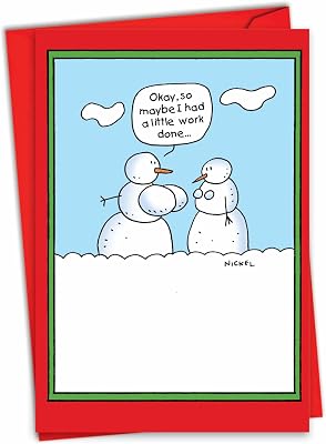 NobleWorks - Humorous Merry Christmas Card with Envelope 4.63 x 6.75 Inch - Colorful Cartoon Happy Holidays Card - Funny Xmas Greeting Stationery - Snowman Boob Job 1773
