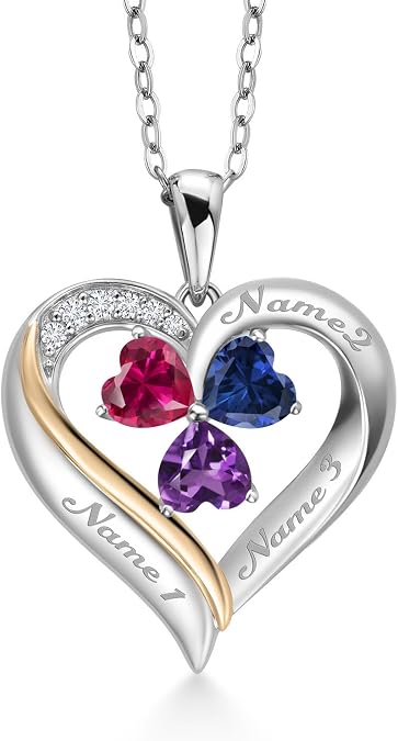 Gem Stone King Customized Personalized Engraved 3-Stone Heart Necklace