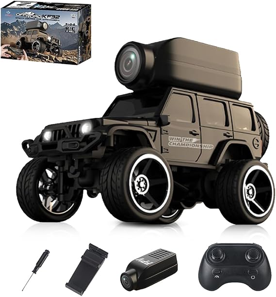 KF32 1:64 Die-Cast RC Crawler with Camera, Full-Scale 4WD Mini Desktop Off-Road Remote Control Car, High-Performance Racing Model(Black)