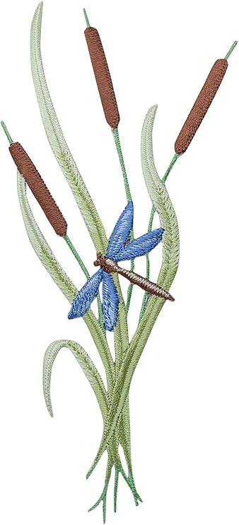 Cattails with Blue Dragonfly - Embroidered Iron on Patch