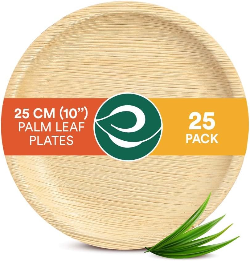 ECO SOUL 25 Palm Leaf Plates 10”25cm Round Large Bamboo Plate I Eco Friendly, Biodegradable, Compostable Heavy-Duty Plate, Disposable Plates for Dinner, Party & Events